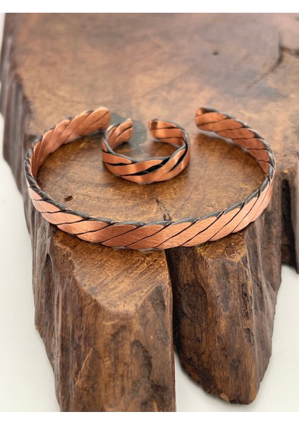 Ayarlanabilir %100 Saf Bakır Bileklik Bakır Yüzük Kombini El Yapımı Bileklik Yüzük