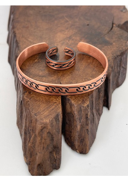 Ayarlanabilir %100 Saf Bakır Bileklik Bakır Yüzük Kombini El Yapımı Bileklik Yüzük