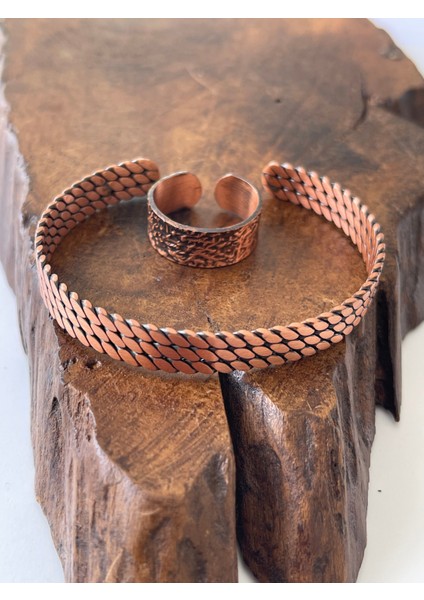 Ayarlanabilir %100 Saf Bakır Bileklik Bakır Yüzük Kombini El Yapımı Bileklik Yüzük