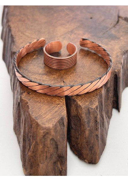 Ayarlanabilir %100 Saf Bakır Bileklik Bakır Yüzük Kombini El Yapımı Bileklik Yüzük