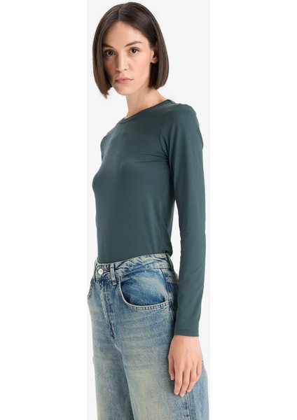 Slim Fit Dar Kesim Bisiklet Yaka Basic Düz Uzun Kollu Tişört D3756AX25AU