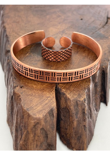 Ayarlanabilir %100 Saf Bakır Bileklik Bakır Yüzük Kombini El Yapımı Bileklik Yüzük