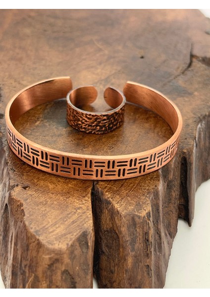 Ayarlanabilir %100 Saf Bakır Bileklik Bakır Yüzük Kombini El Yapımı Bileklik Yüzük