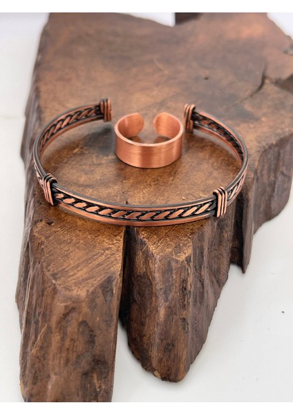 Ayarlanabilir %100 Saf Bakır Bileklik Bakır Yüzük Kombini El Yapımı Bileklik Yüzük