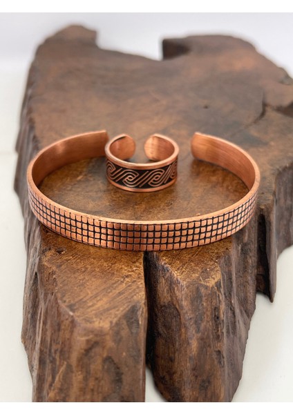 Ayarlanabilir %100 Saf Bakır Bileklik Bakır Yüzük Kombini El Yapımı Bileklik Yüzük