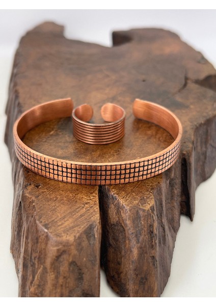 Ayarlanabilir %100 Saf Bakır Bileklik Bakır Yüzük Kombini El Yapımı Bileklik Yüzük