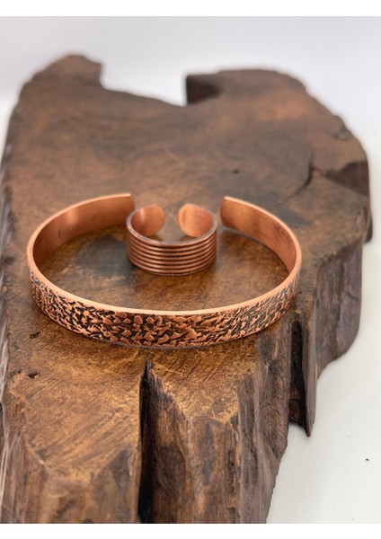 Ayarlanabilir %100 Saf Bakır Bileklik Bakır Yüzük Kombini El Yapımı Bileklik Yüzük