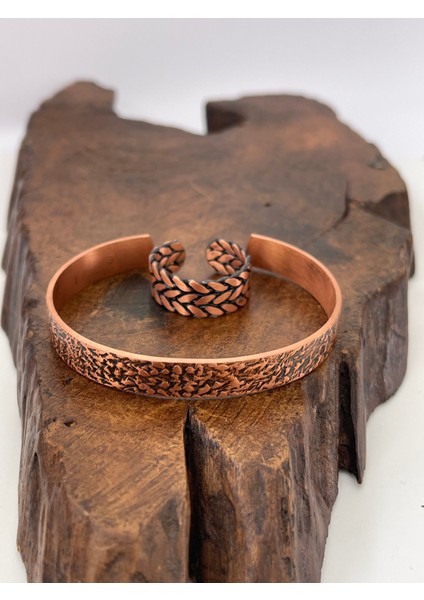 Ayarlanabilir %100 Saf Bakır Bileklik Bakır Yüzük Kombini El Yapımı Bileklik Yüzük