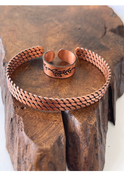 Ayarlanabilir %100 Saf Bakır Bileklik Bakır Yüzük Kombini El Yapımı Bileklik Yüzük