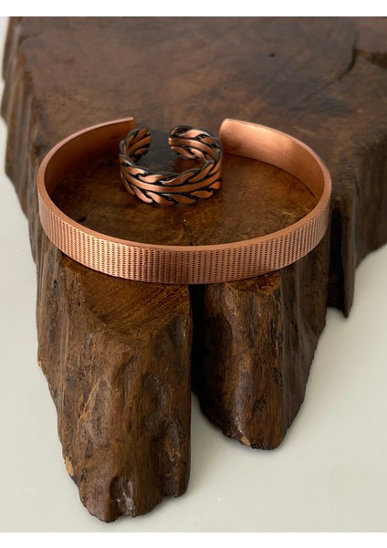 Ayarlanabilir ½100 Saf Bakır Bileklik Bakır Yüzük Kombini El Yapımı Bileklik Yüzük