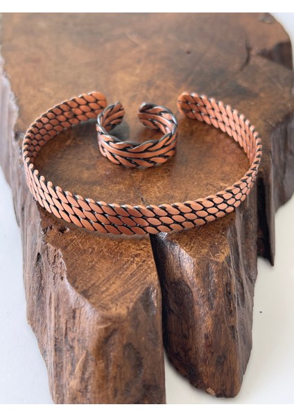 Ayarlanabilir %100 Saf Bakır Bileklik Bakır Yüzük Kombini El Yapımı Bileklik Yüzük