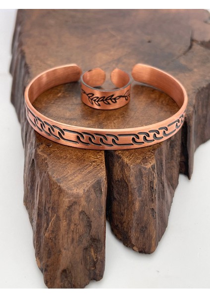 Ayarlanabilir %100 Saf Bakır Bileklik Bakır Yüzük Kombini El Yapımı Bileklik Yüzük