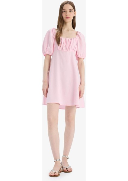 Kare Yaka Keten Karışımlı Kısa Kollu Midi Yazlık Elbise E0896AX25SM