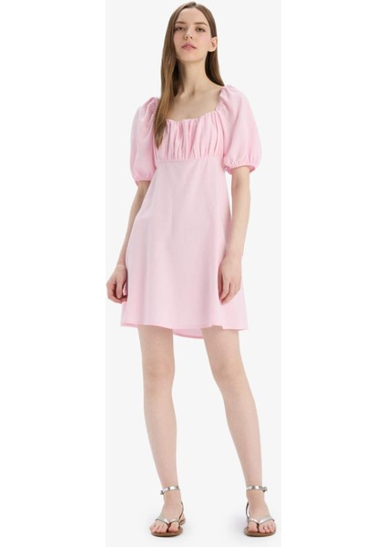 Kare Yaka Keten Karışımlı Kısa Kollu Midi Yazlık Elbise E0896AX25SM