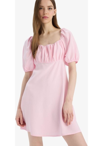 Kare Yaka Keten Karışımlı Kısa Kollu Midi Yazlık Elbise E0896AX25SM