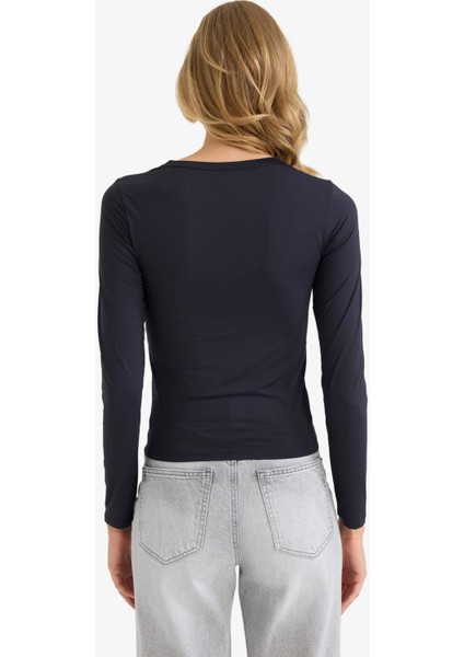 Slim Fit Dar Kesim Bisiklet Yaka Basic Düz Uzun Kollu Tişört D3756AX25AU