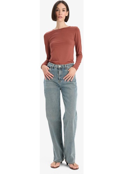 Slim Fit Dar Kesim Bisiklet Yaka Basic Düz Uzun Kollu Tişört D3756AX25AU