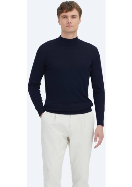 Lacivert Yarım Balıkçı Yaka Düz Örgü %100 Yün Triko Kazak
