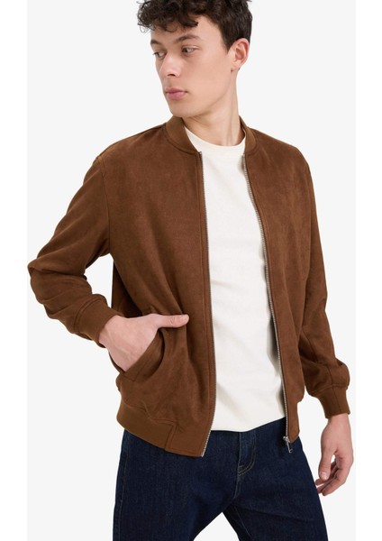 Slim Fit Dar Kesim Süet Kolej Yaka Fermuarlı Çift Cepli Mevsimlik Baharlık Bomber Mont Ceket A3866AX25AU