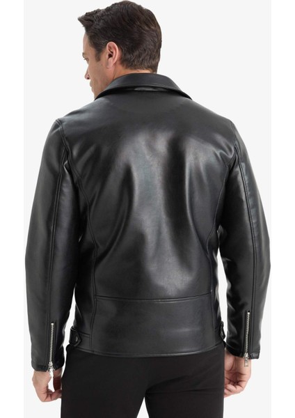 Su Ve Rüzgar İtici Slim Fit Dar Kesim Mevsimlik Astarlı Fermuarlı İç Cepli Suni Deri Biker Mont C5715AX25AU