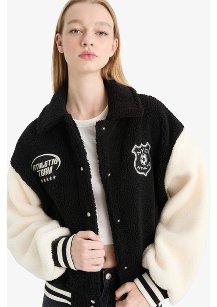 Coool Oversize Geniş Kalıp Polo Yaka Pelüş Bomber Ceket