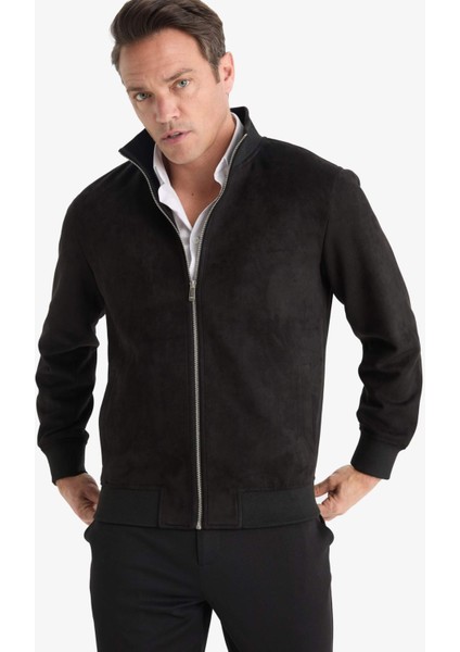 Slim Fit Dar Kesim Dik Yaka Astarlı Fermuarlı Cepli Süet Mevsimlik Baharlık Mont D1524AX25AU