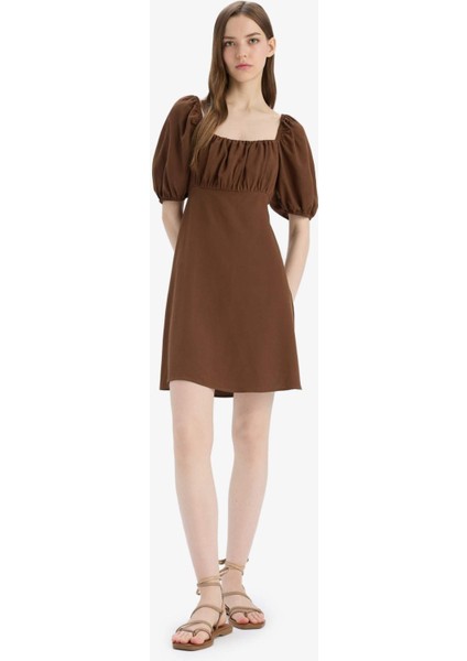 Kare Yaka Keten Karışımlı Kısa Kollu Midi Yazlık Elbise E0896AX25SM