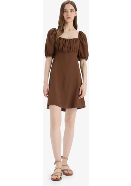 Kare Yaka Keten Karışımlı Kısa Kollu Midi Yazlık Elbise E0896AX25SM