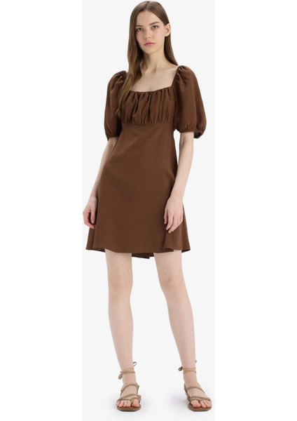 Kare Yaka Keten Karışımlı Kısa Kollu Midi Yazlık Elbise E0896AX25SM