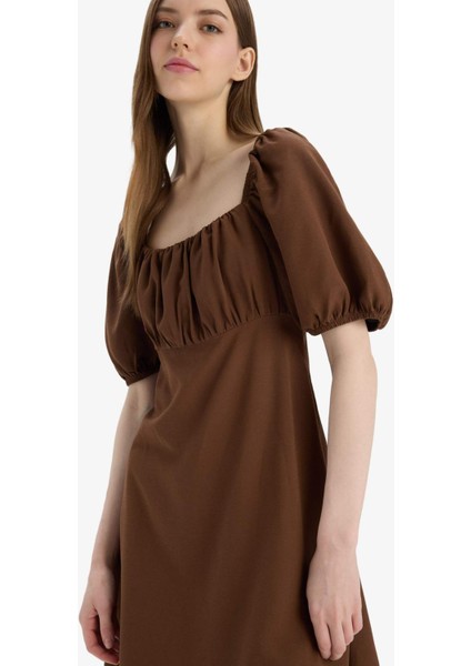 Kare Yaka Keten Karışımlı Kısa Kollu Midi Yazlık Elbise E0896AX25SM