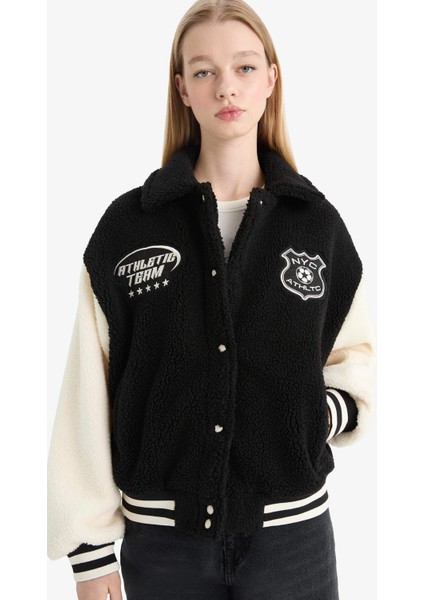 Coool Oversize Geniş Kalıp Polo Yaka Pelüş Bomber Ceket