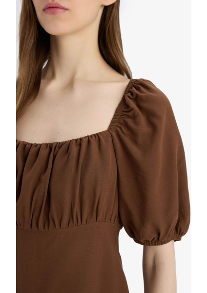 Kare Yaka Keten Karışımlı Kısa Kollu Midi Yazlık Elbise E0896AX25SM