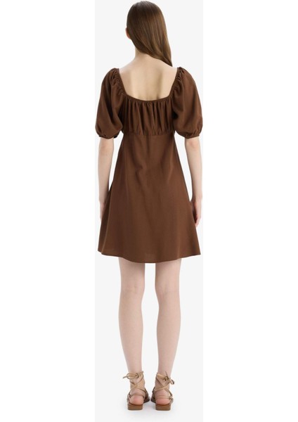 Kare Yaka Keten Karışımlı Kısa Kollu Midi Yazlık Elbise E0896AX25SM