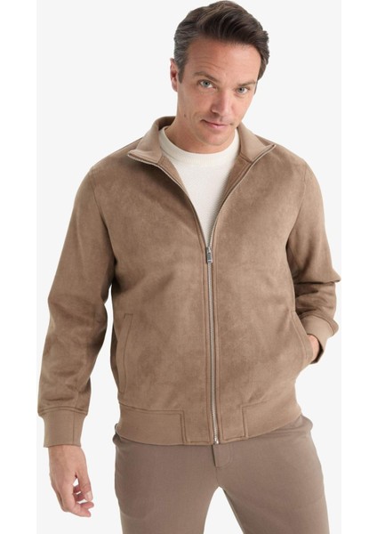 Slim Fit Dar Kesim Dik Yaka Astarlı Fermuarlı Cepli Süet Mevsimlik Baharlık Mont D1524AX25AU