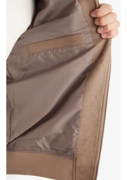 Slim Fit Dar Kesim Dik Yaka Astarlı Fermuarlı Cepli Süet Mevsimlik Baharlık Mont D1524AX25AU