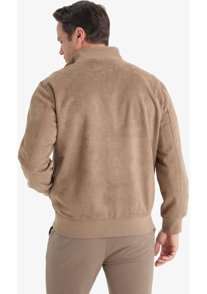 Slim Fit Dar Kesim Dik Yaka Astarlı Fermuarlı Cepli Süet Mevsimlik Baharlık Mont D1524AX25AU