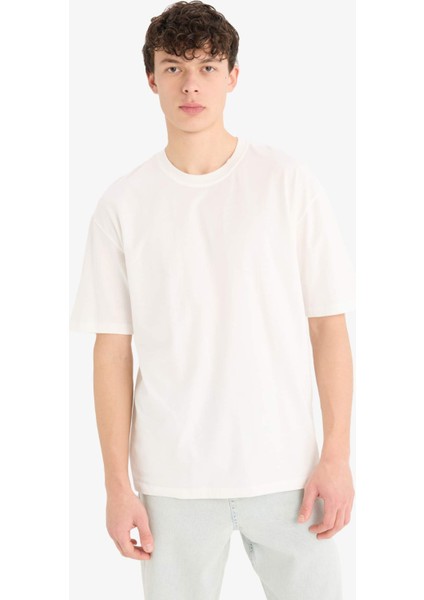 %100 Pamuk Oversize Geniş Kalıp Bisiklet Yaka Basic Düz Kısa Kollu Tişört