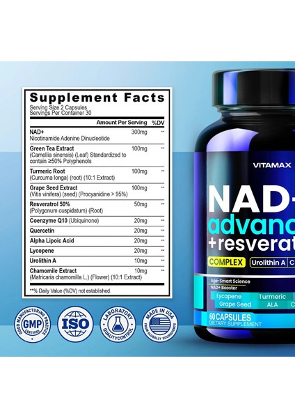 Nad+ Advanced + Resveratrol Complex Urolithin A, COQ10, Quercetin 60 Kapsül modelleri