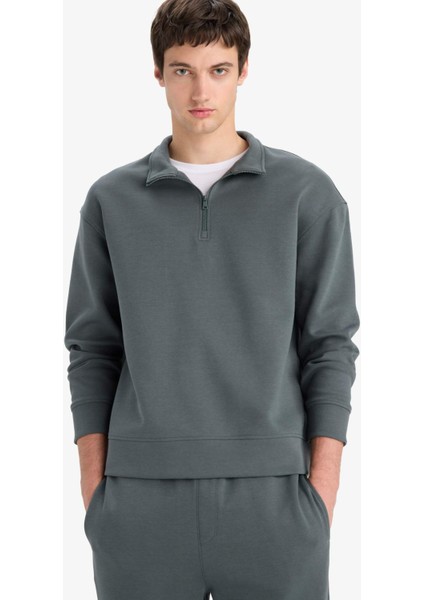 Boxy Fit Dik Yaka Yarım Fermuarlı Skuba Dalgıç Kumaş Sweatshirt E9363AX25AU