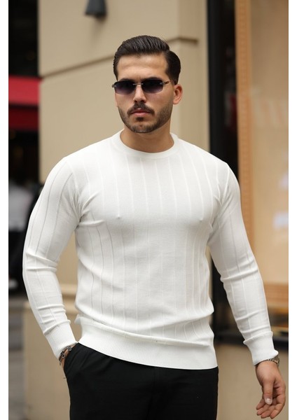 Erkek Bisiklet Yaka Çizgi Kabartmalı Uzun Kollu Triko