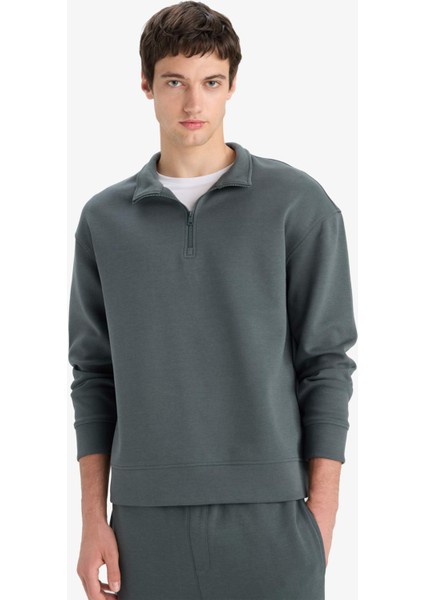 Boxy Fit Dik Yaka Yarım Fermuarlı Skuba Dalgıç Kumaş Sweatshirt E9363AX25AU