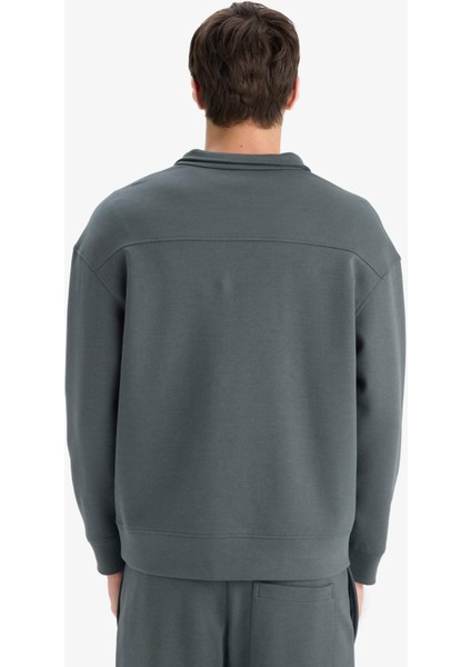 Boxy Fit Dik Yaka Yarım Fermuarlı Skuba Dalgıç Kumaş Sweatshirt E9363AX25AU