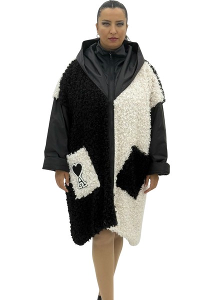 Büyük Beden Siyah Ekru Kontrast Desenli Kapüşonlu Oversize Kadın Kaban fiyatları