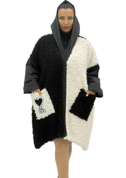 Büyük Beden Siyah Ekru Kontrast Desenli Kapüşonlu Oversize Kadın Kaban fırsatları