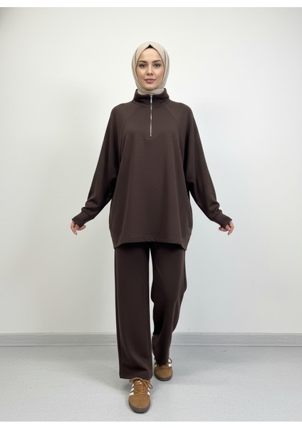 Metal Fermuarlı Pantolonlu Takım-Kahve