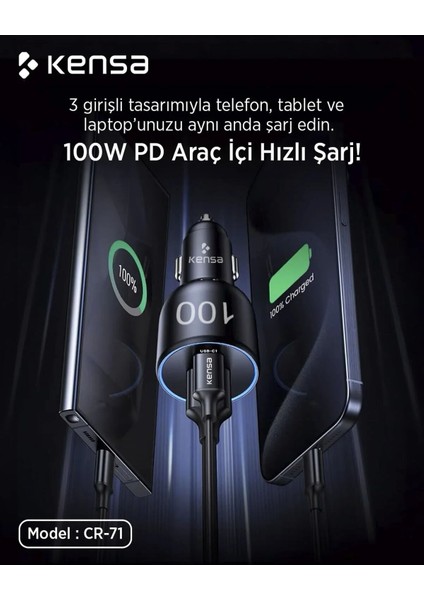 100W Pd Araç Içi Hızlı Şarj Başlığı – 3 Çıkışlı, Akıllı Güç Dağıtımlı