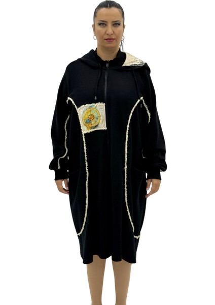 Büyük Beden Pamuklu Fermuarlı Kapüşonlu Uzun Oversize Hırka Kadın Kaban