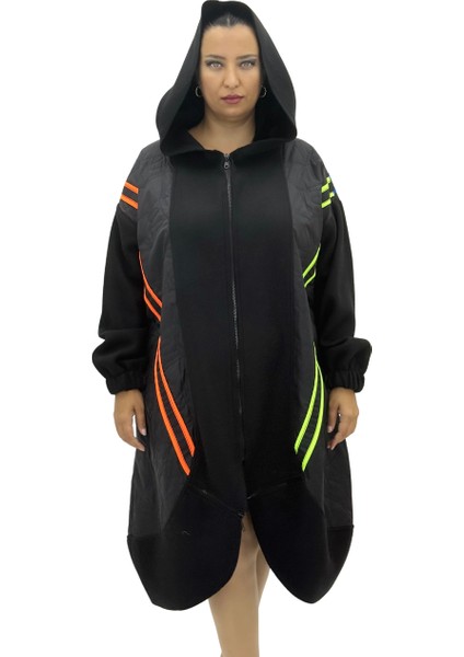 Büyük Beden Şeritli Fermuarlı Kapüşonlu Oversize Kadın Kaban