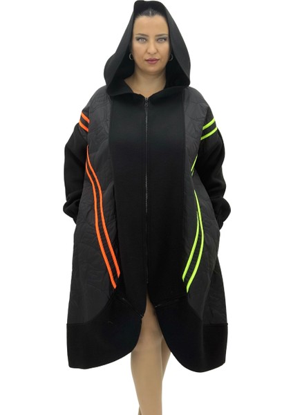 Büyük Beden Şeritli Fermuarlı Kapüşonlu Oversize Kadın Kaban fiyatları