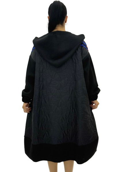 Büyük Beden Şeritli Fermuarlı Kapüşonlu Oversize Kadın Kaban modelleri